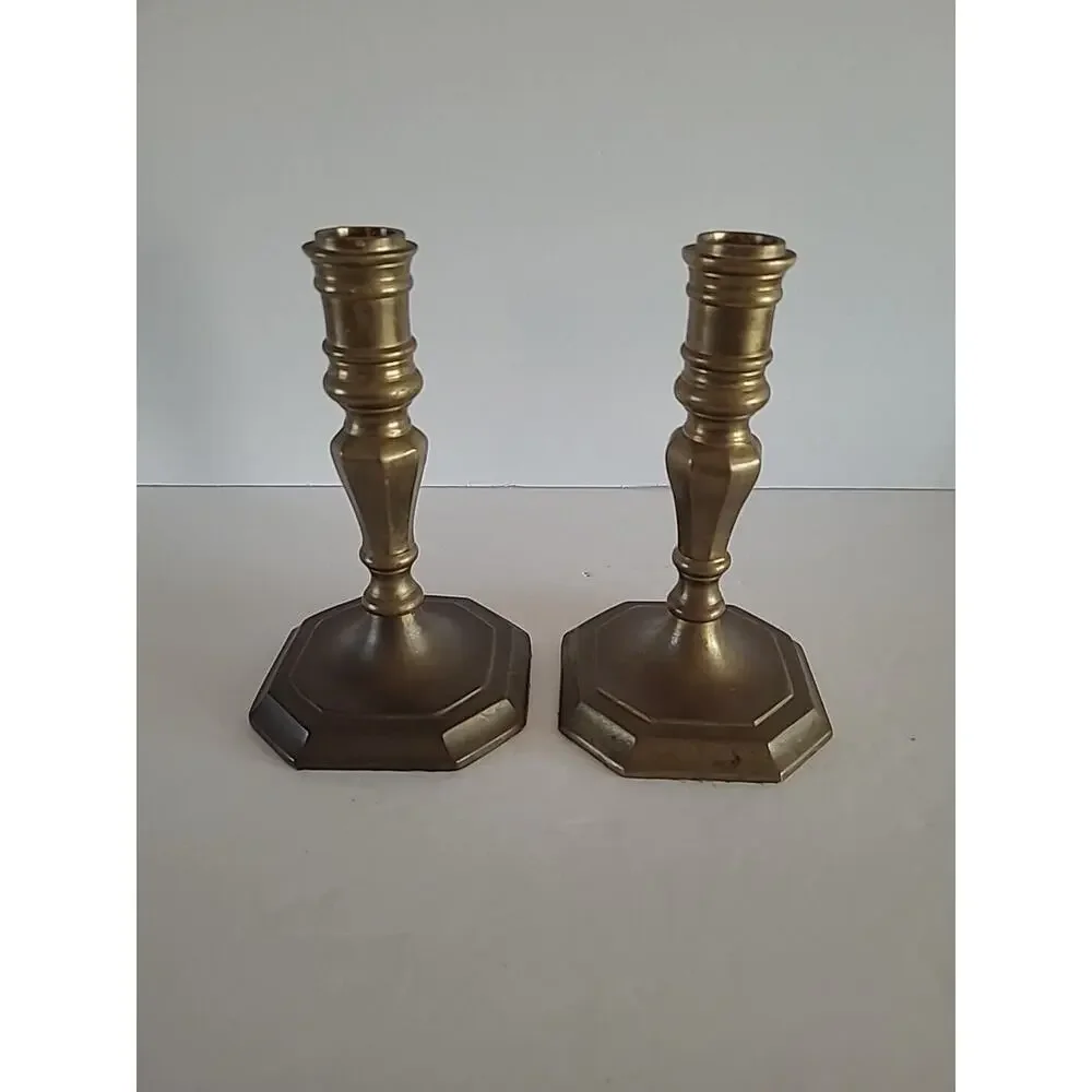 Antiqued Brass Taper Candleholders 7 Inches Heavy Square Base Made in India